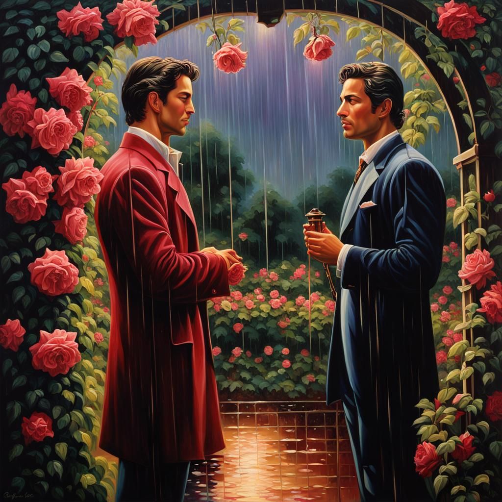 Romantic Encounter in Rain, as Oil Painting