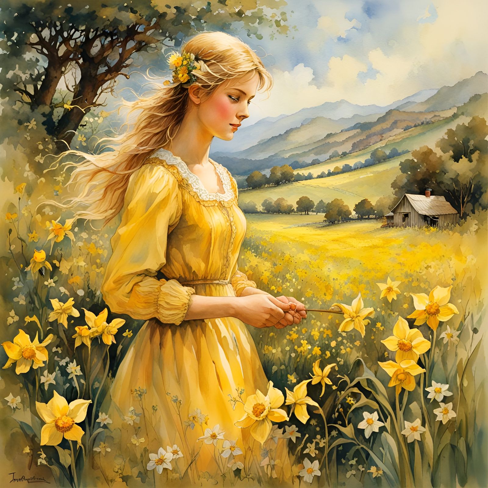 Blond Girl in Yellow Flower Field Art