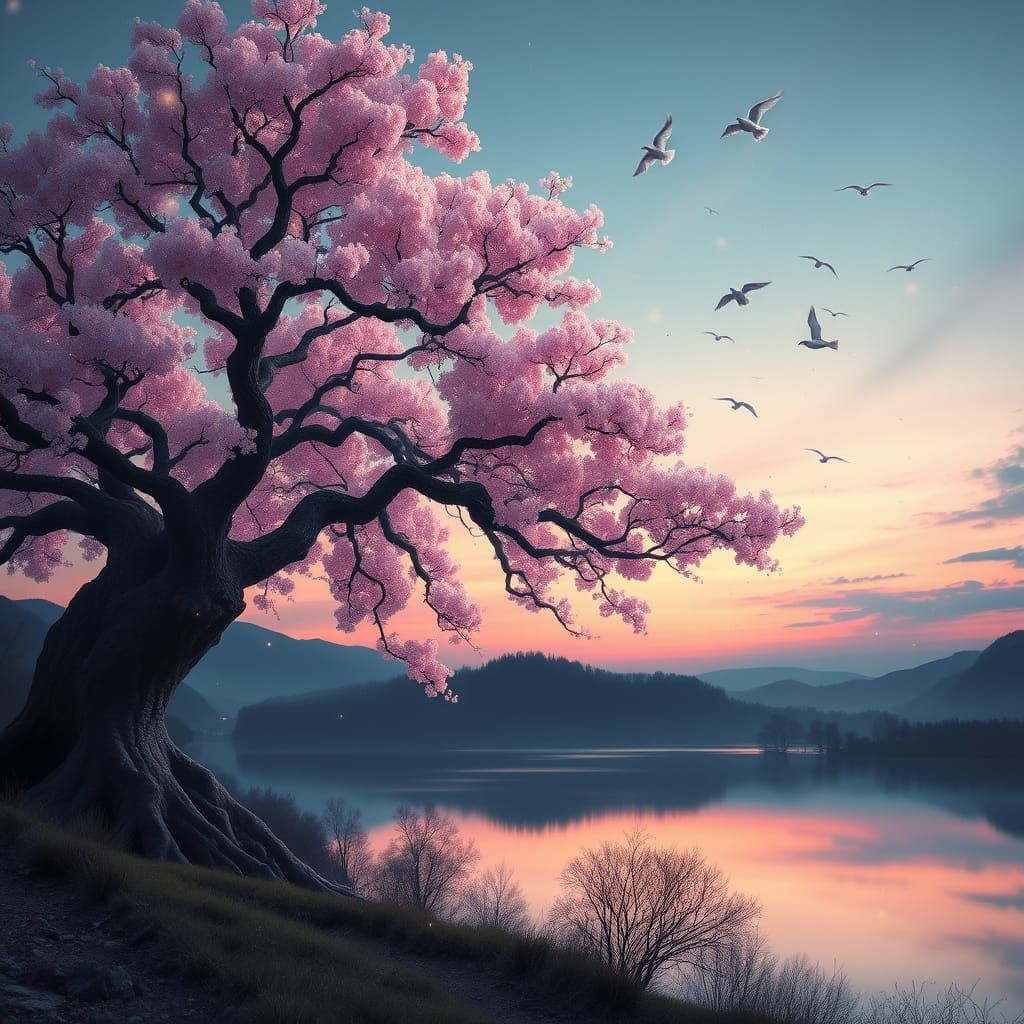 Surreal Cherry Blossom Landscape at Twilight with Fireflies