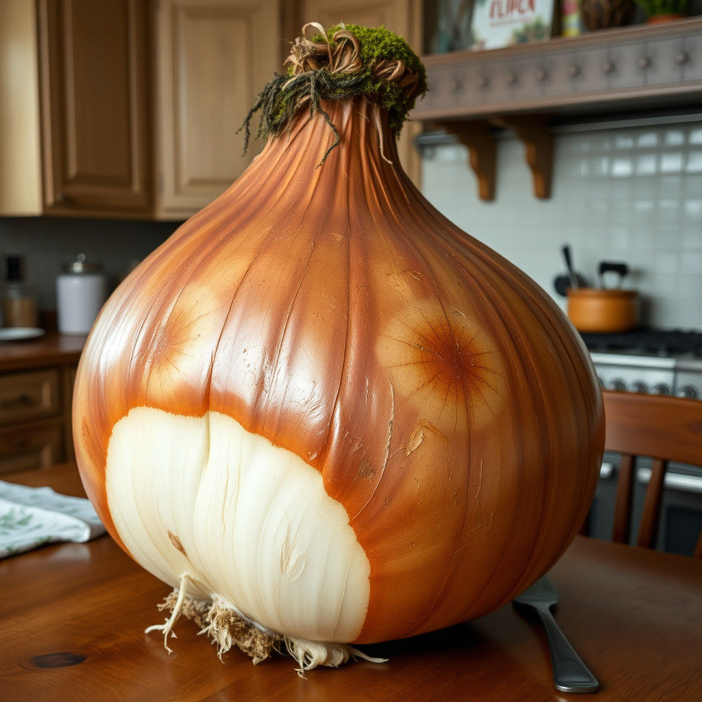 Enormous Ragged Onion Weeping Goo on Kitchen Table