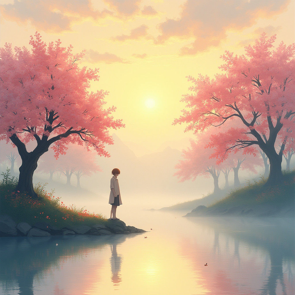 Dawn Lake Figure with Cherry Blossoms in Watercolor Style