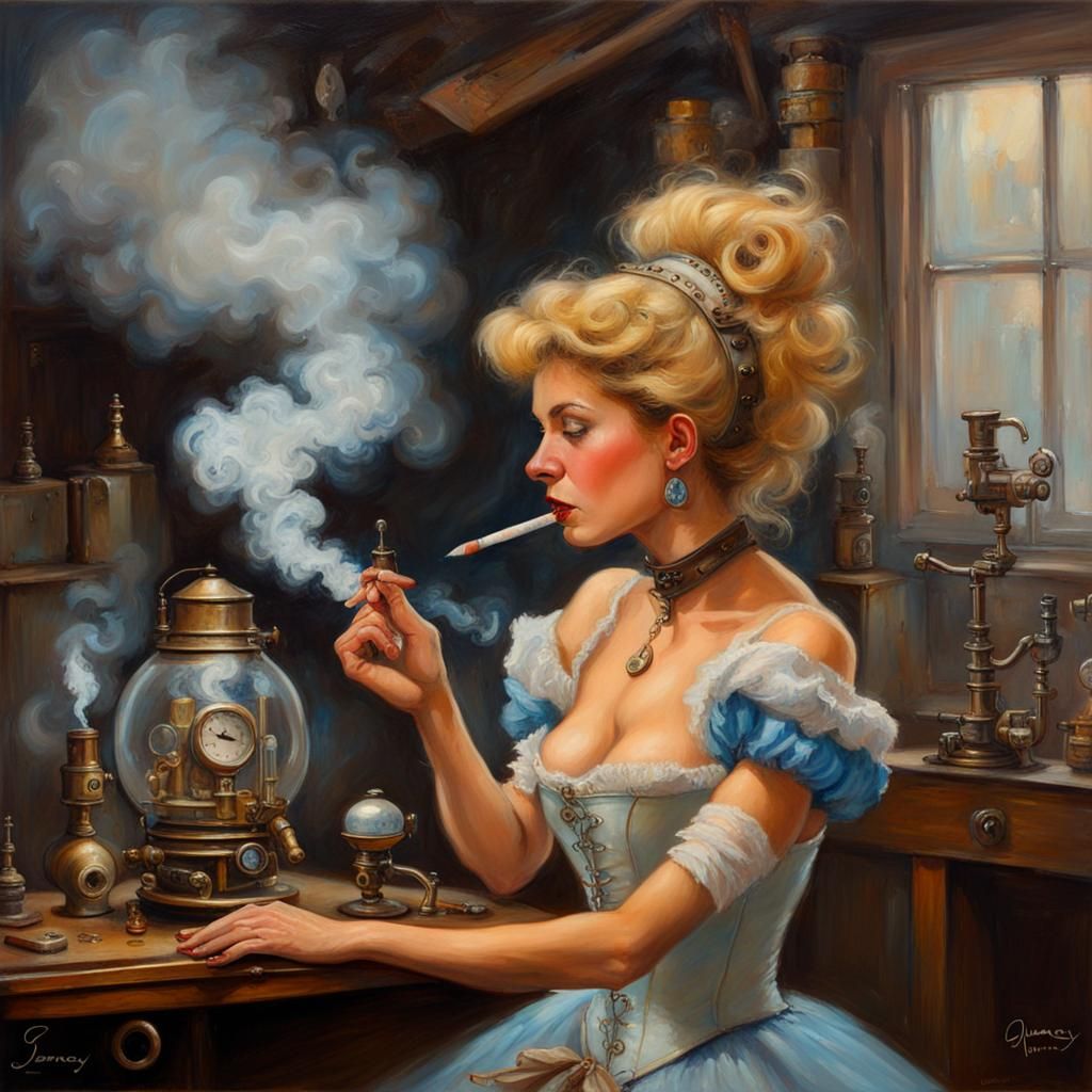 Cinderella Smoking in Steampunk Oil Painting