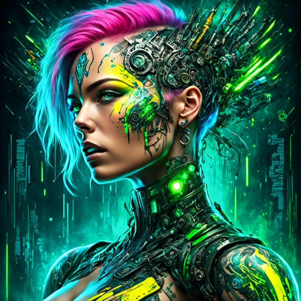 Cyberpunk Tattooed Woman with Glowing Cybernetic Eyes