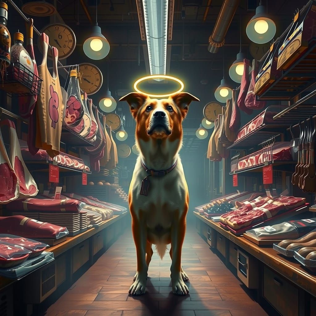 Dog in Ethereal Butcher Shop with "6 7" Sign