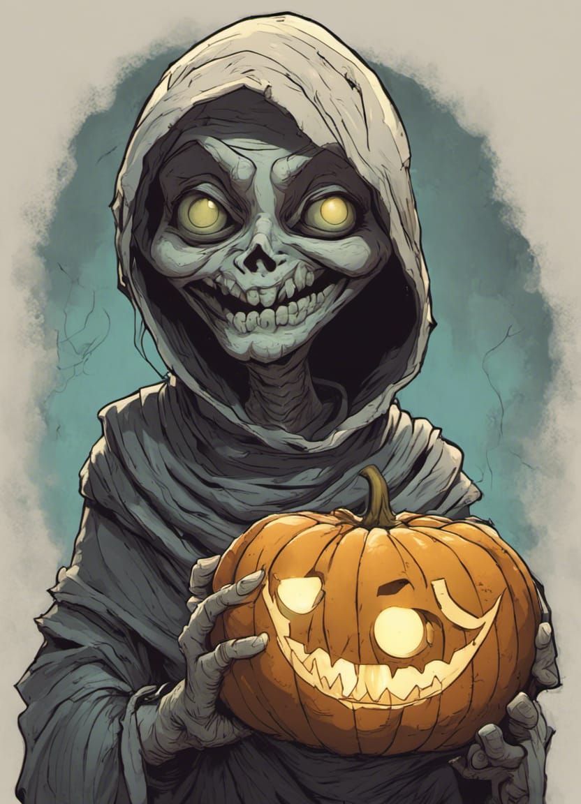 Smiling Mummy with Glowing Pumpkin in Inkpunk Style