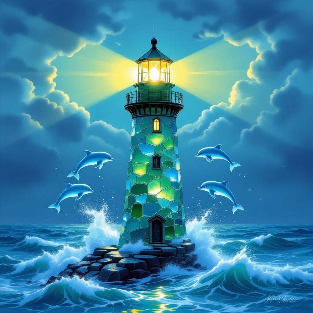 Emerald Sapphire Sea Glass Lighthouse in Golden Light