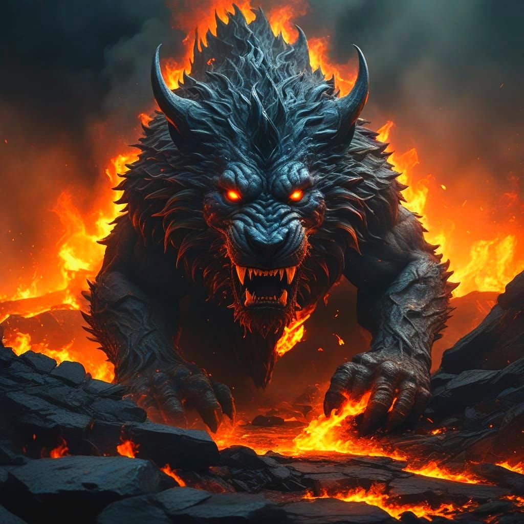 Surreal Hellish Beast Emerges from Flames