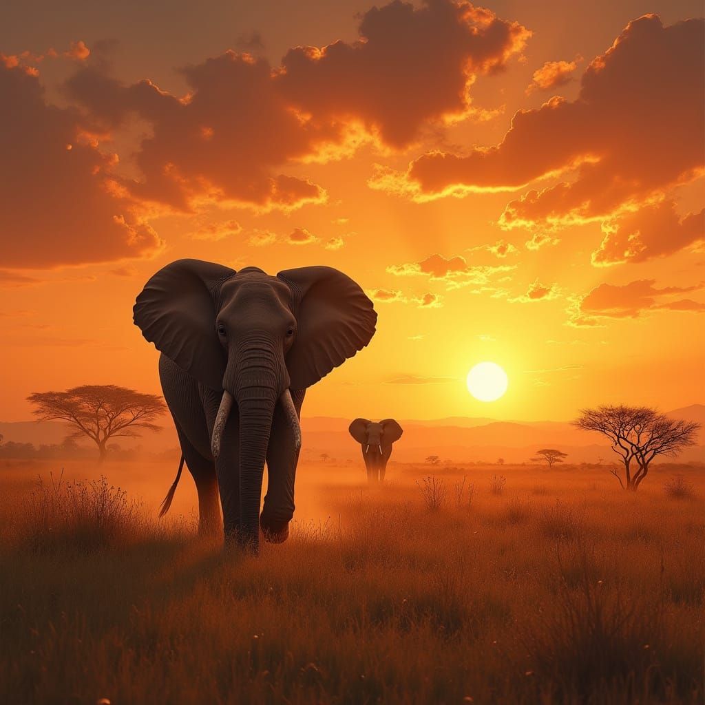 Majestic Elephant Roams African Savanna in Sunset Glory