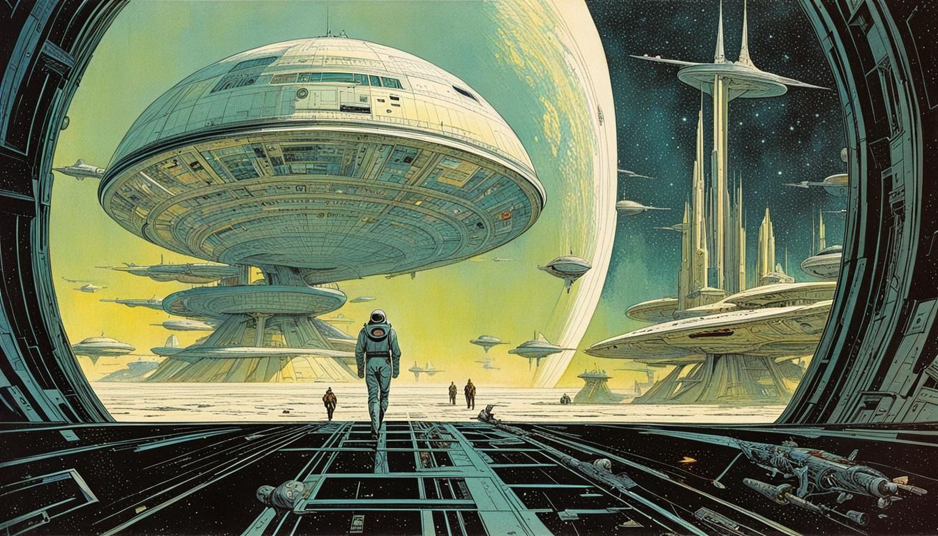 Retrofuturistic Sci-Fi Illustration in 1950s Style