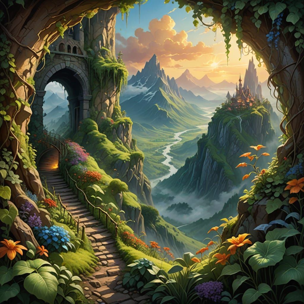 Majestic Beanstalk Ascends Through Misty Mountains in Vibran...