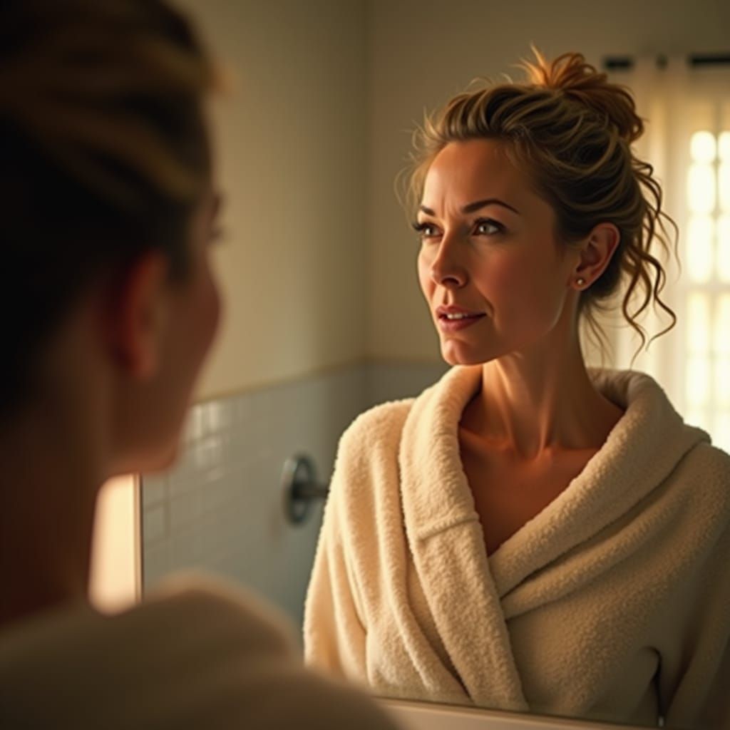 Intriguing Reflection: Woman in Bathroom Mirror