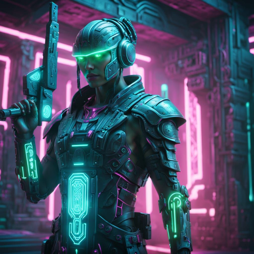 Cyborg with Energy Weapon in Cyberpunk Temple