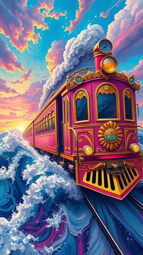 Whimsical Train Chugs Across a Vibrant Oceanic Scene