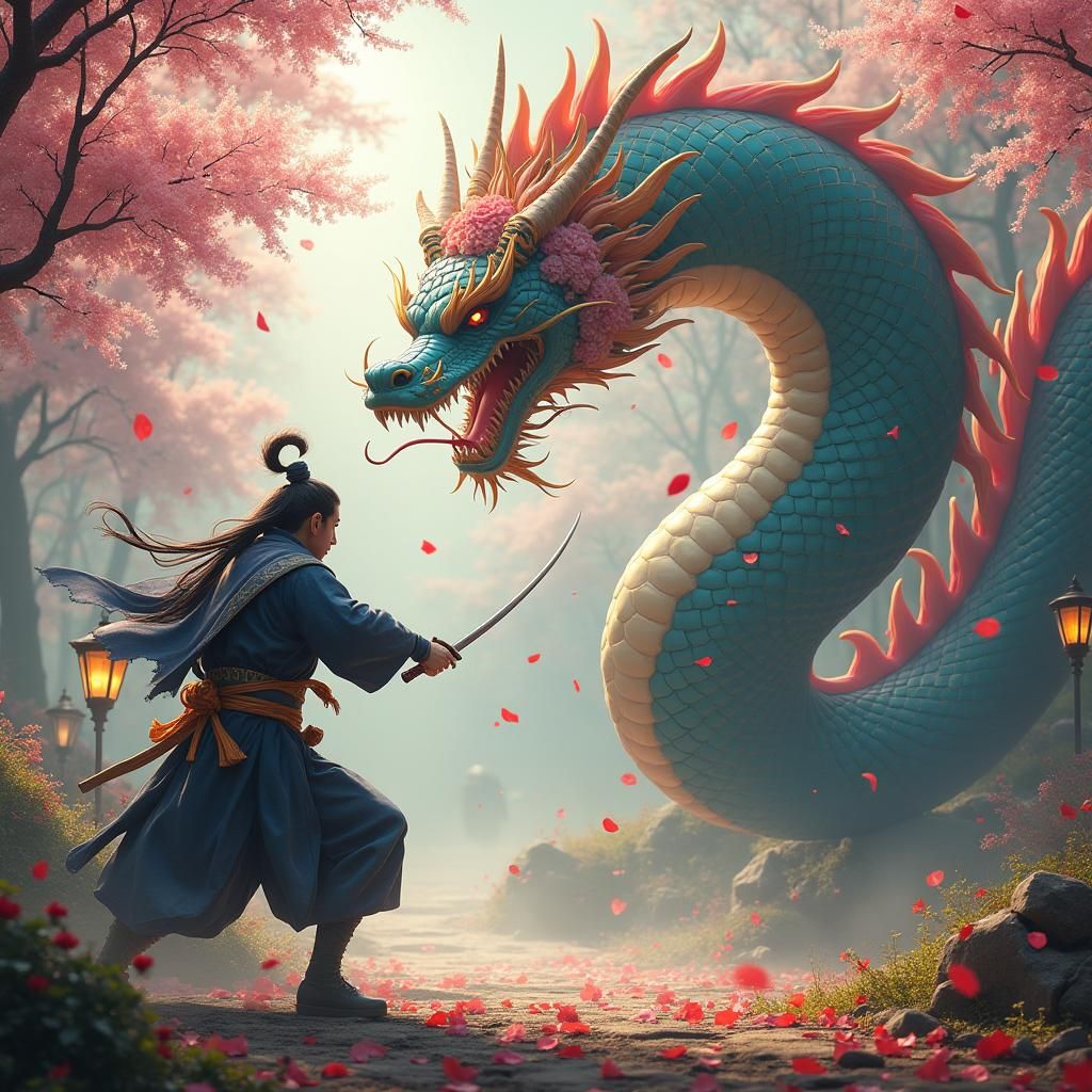 Samurai vs. Dragon of Flowers: Fantasy Battle