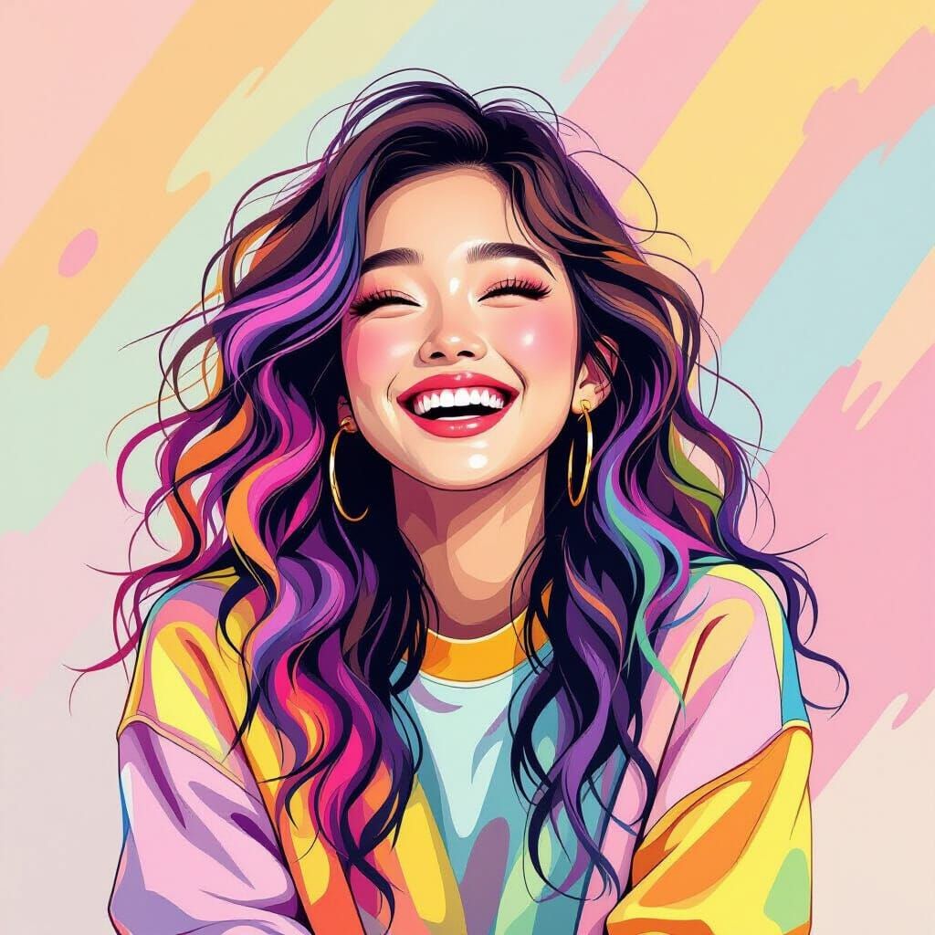 Giggling Rainbow Haired Woman in Vibrant Anime Style