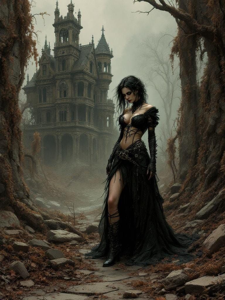Gothic Woman in Decaying Mansion Ruins