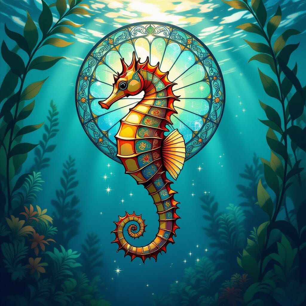 Celestial Seahorse with Stained Glass Shell in Art Nouveau