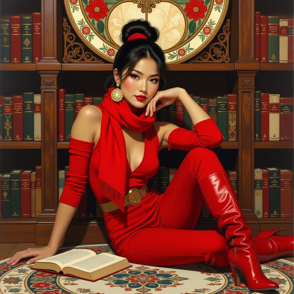 Asian Woman in Red Jumpsuit: Art Nouveau Style
