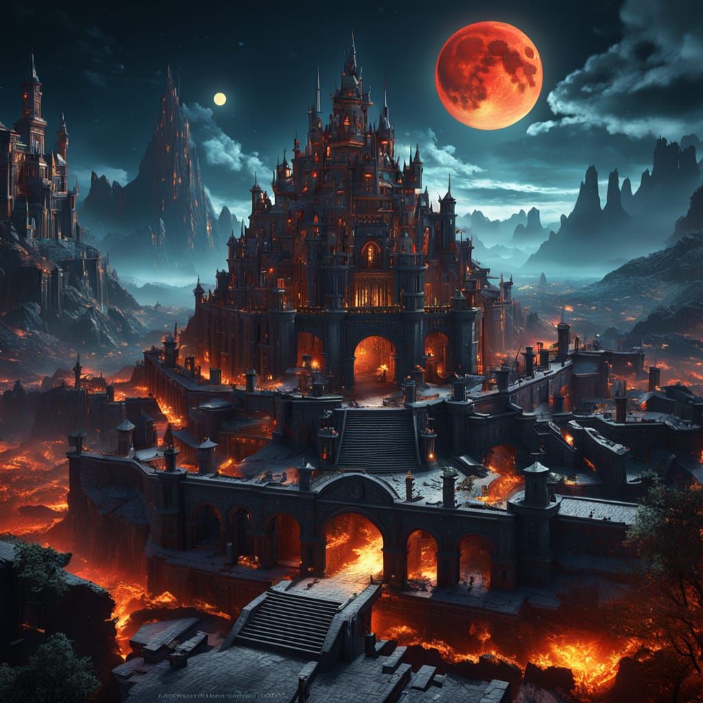 Epic Fantasy Cityscape Under Blood Moon