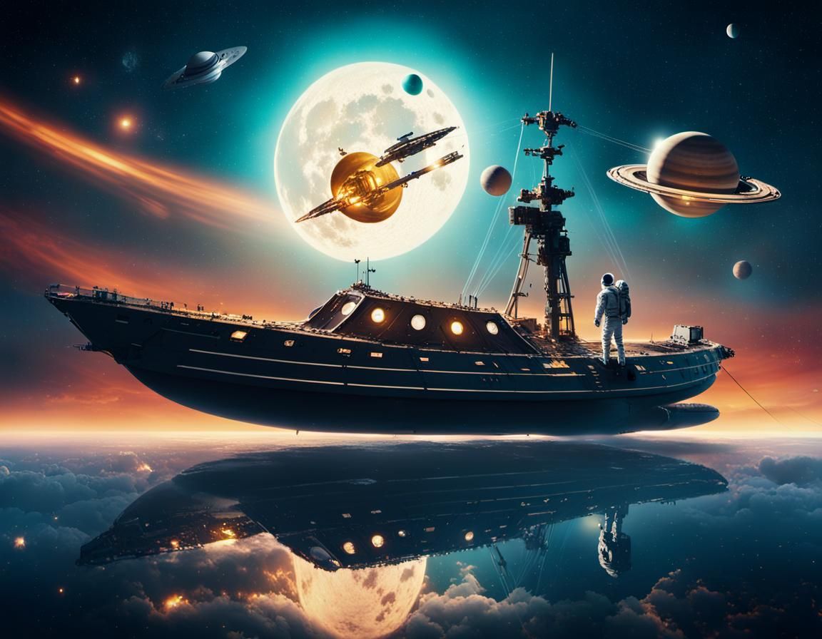 Man Watches Spaceship Boat Floating in Sky