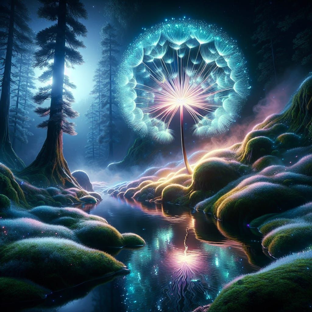 Ethereal Holographic Dandelion in Neon Light