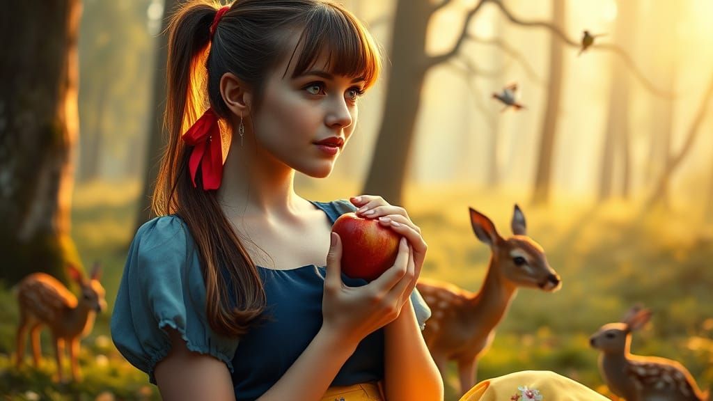 Enchanted Woodland Goddess Bites Apple in Golden Dawn