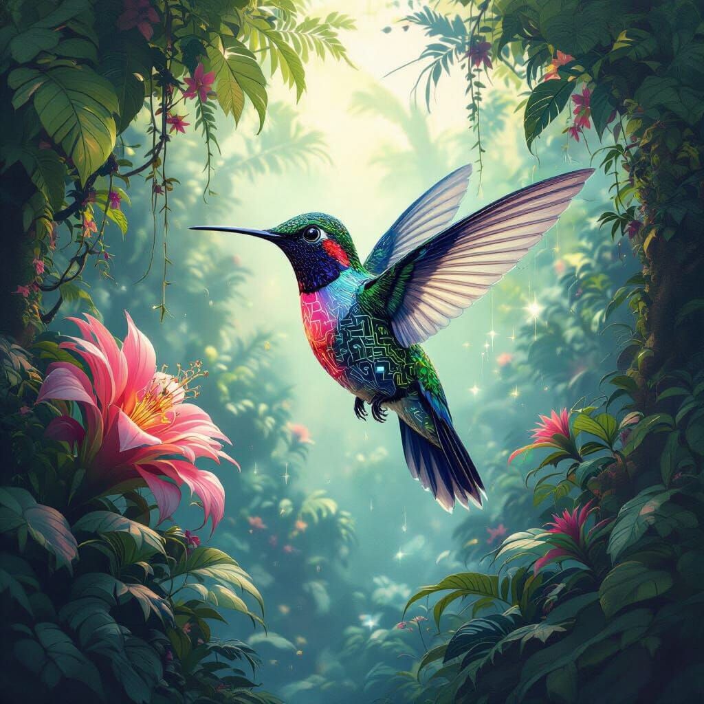 Bioluminescent Hummingbird in Alien Jungle Canopy