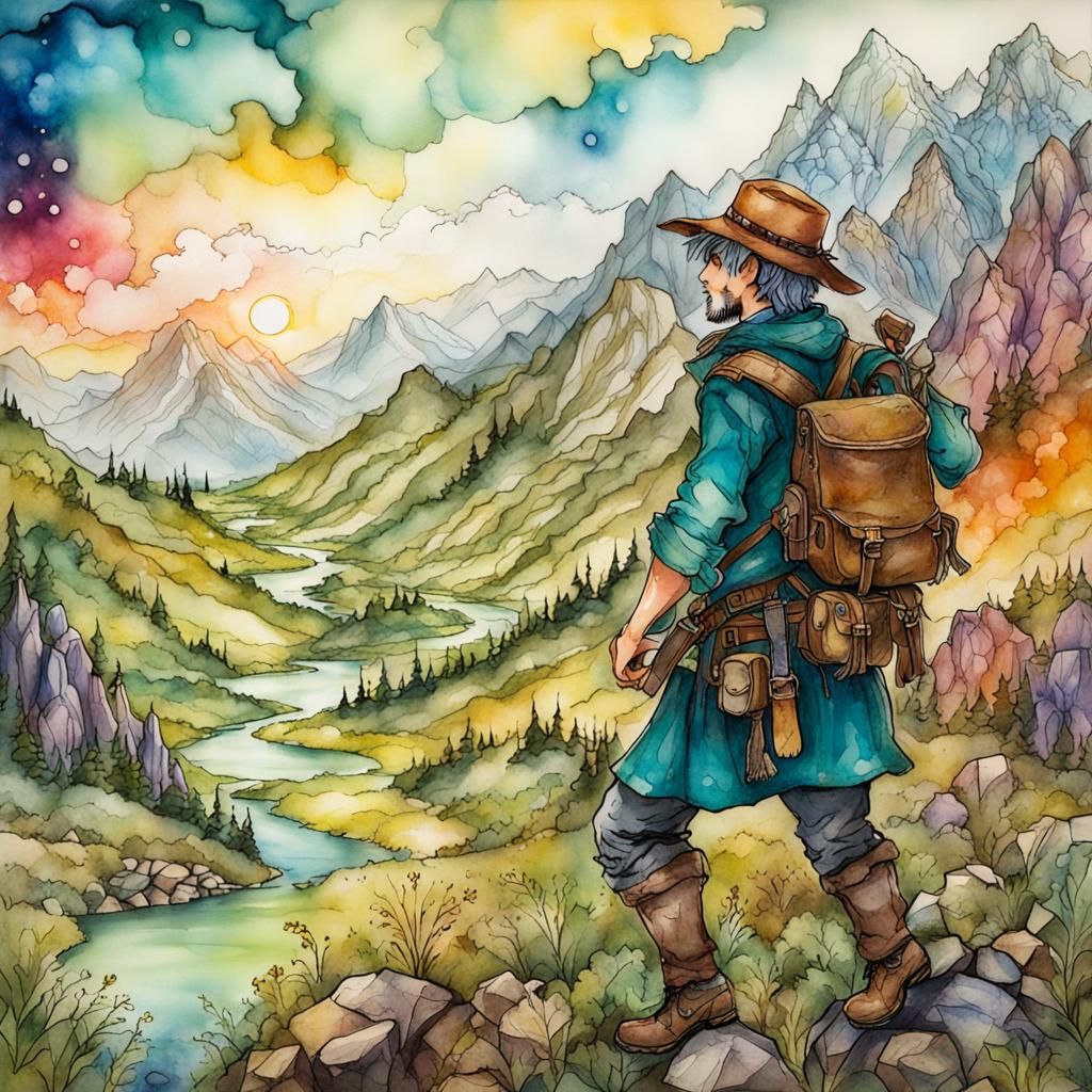 Anime Ranger in Mountain Valley, Alcohol Ink Art