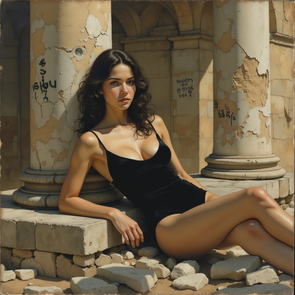 Woman in Ruins: Hyperrealistic Velvet Bathing Suit
