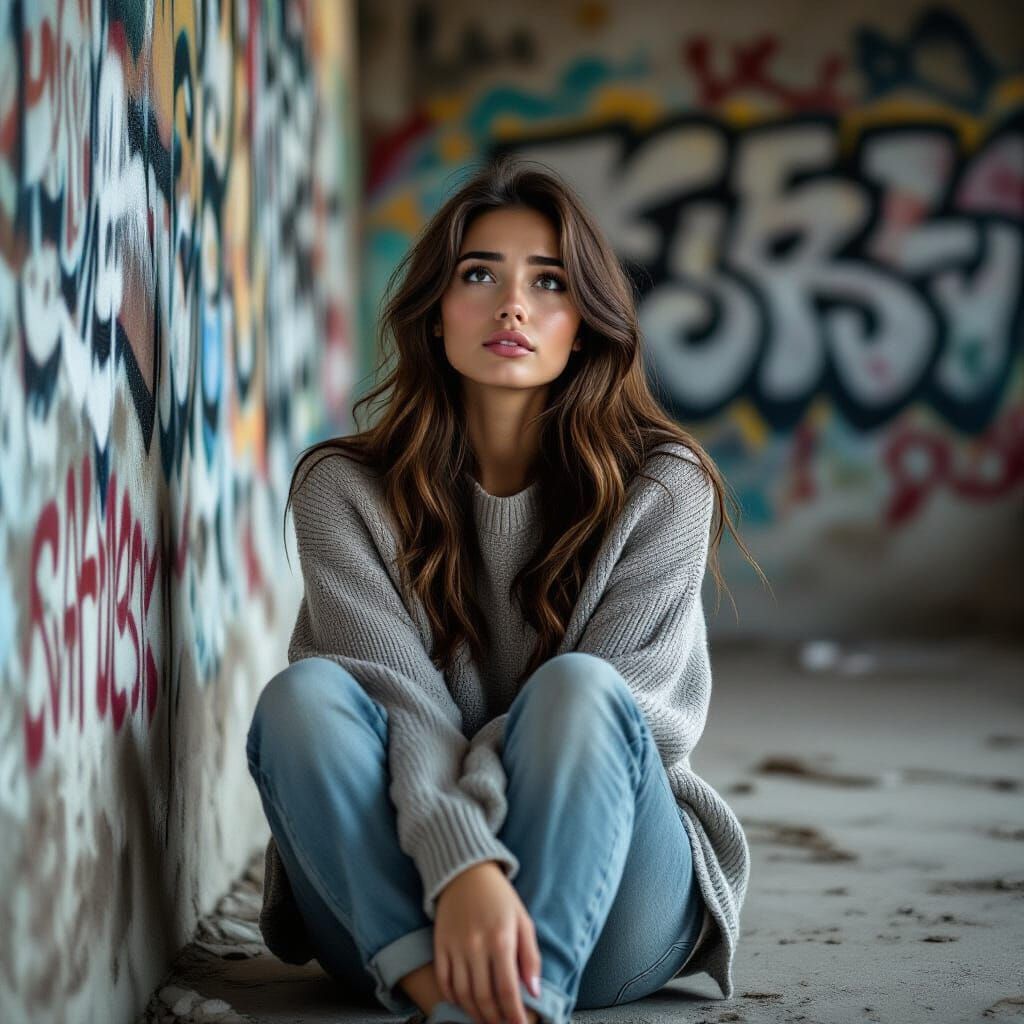 Vulnerable Woman in Desolate High-Rise: Digital Art