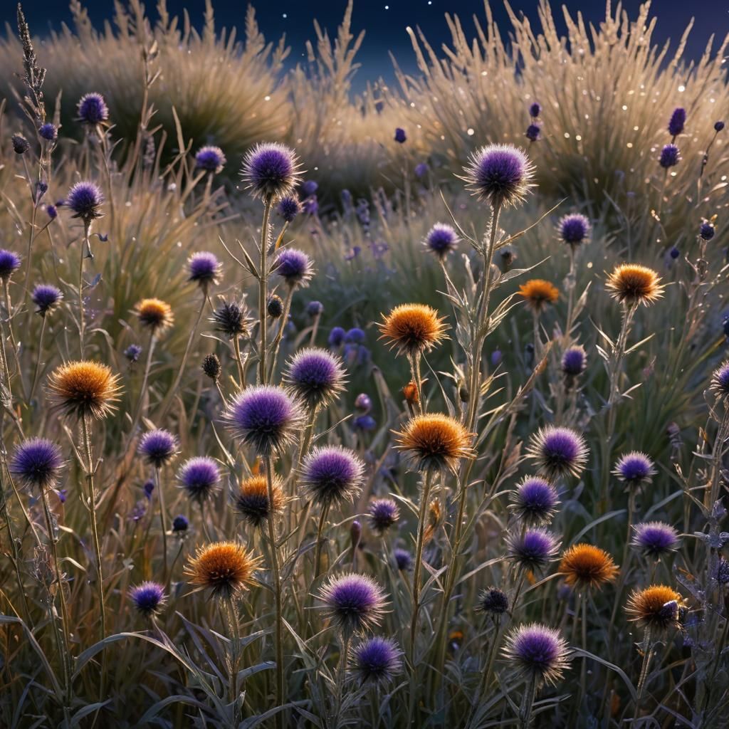Moonlit Autumn Meadow with Thistle in Watercolor