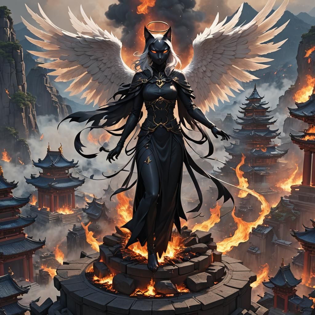 Black Cat Angel of Death on Burning Temple