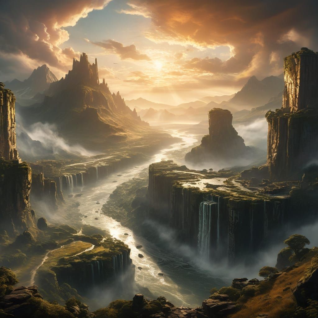 Epic Fantasy Landscape with Golden Sunset