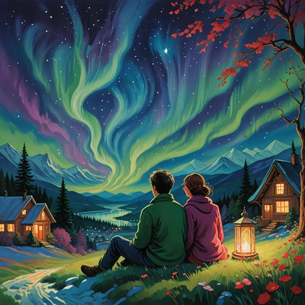 Romantic Whimsy: Lovebirds Amidst Celestial Wonders