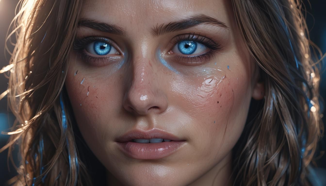 Worried Girl with Blue Eyes in Cinematic Lighting