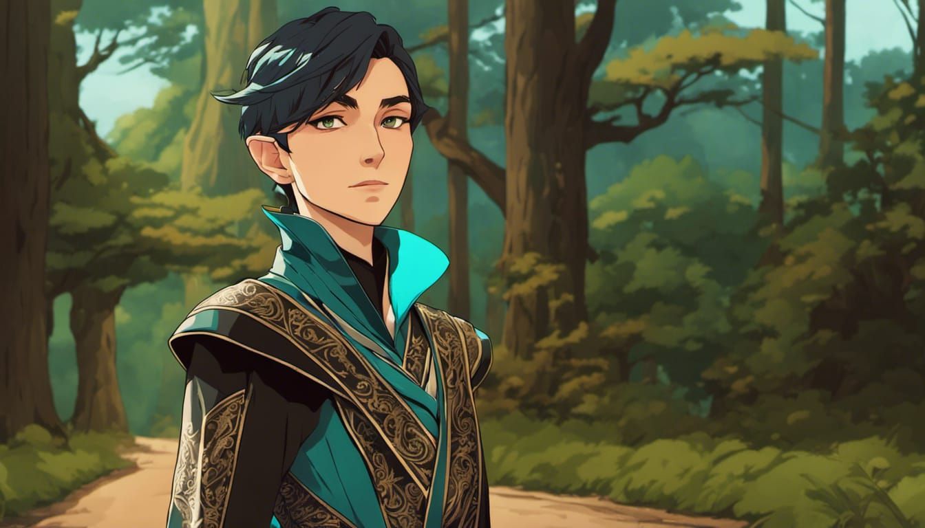 Androgynous Half-Elf Wizard on Forest Road in Anime Style