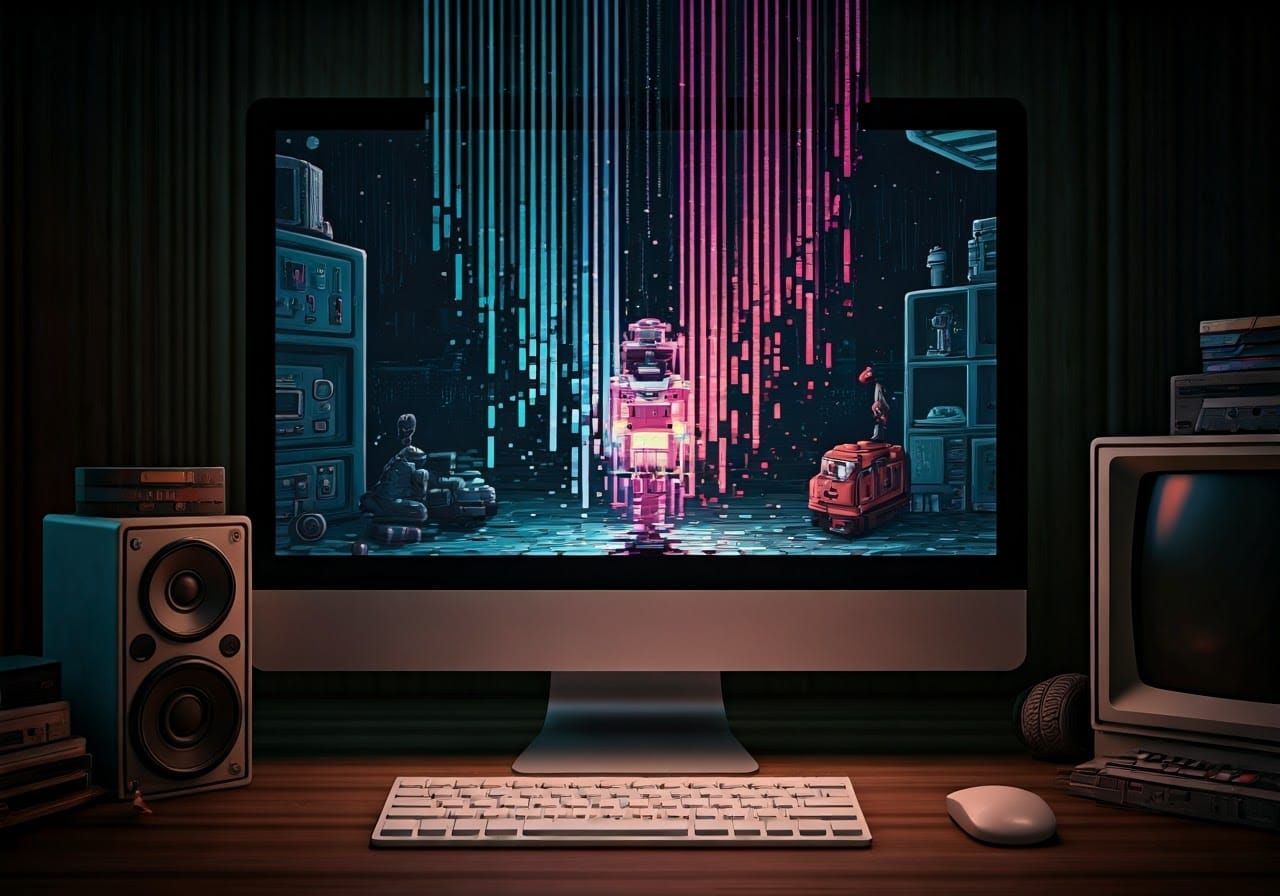 Retrofuturist Pixel Cascade in 8-bit Style