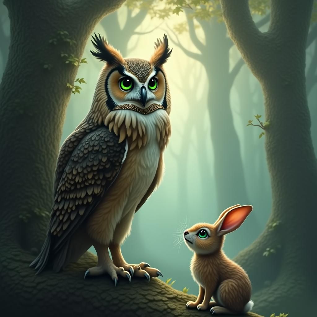 Wise Owl in Ethereal Forest, Hyperdetailed Fantasy Art