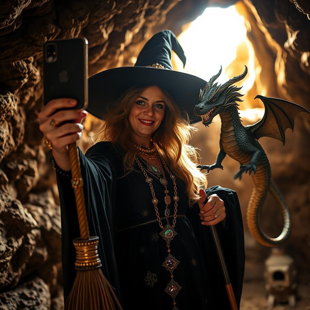 Whimsical Witch Selfie with Dragon in Cave
