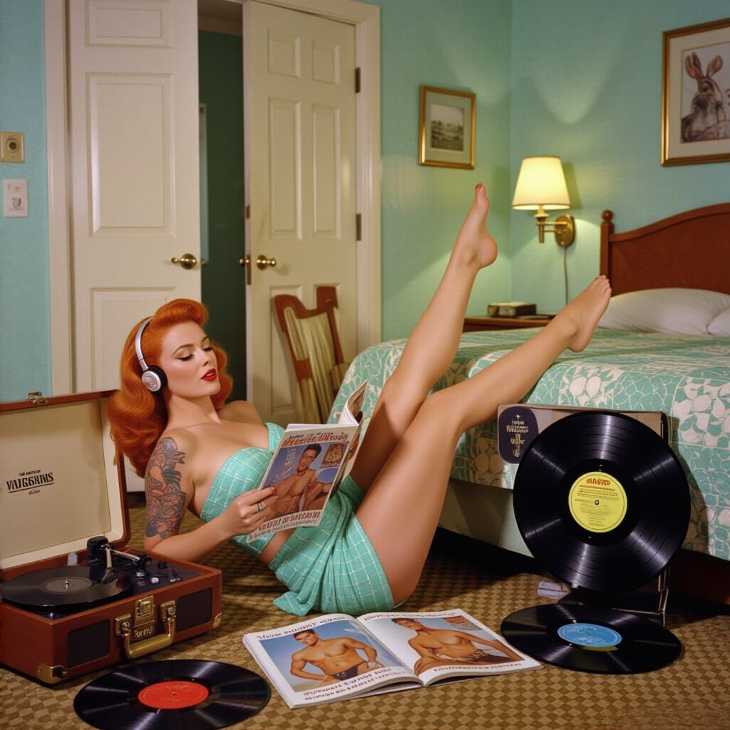 Retro Pin-Up Woman with Tattoos in 1950s Motel