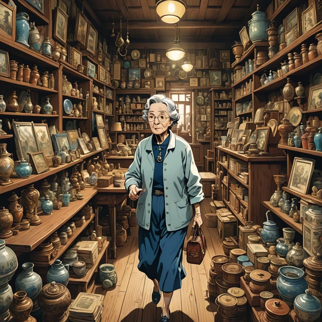 Anime-Style Antique Store Scene with Elderly Woman