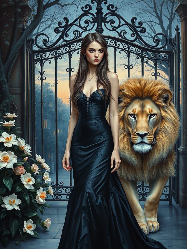 Gothic Lady with Lion in Neo-Impressionist Style