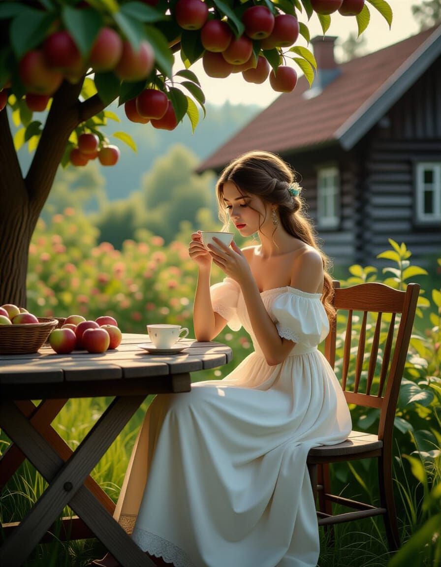 Girl Sipping Tea in August Apple Orchard, Hyperrealistic Sty...