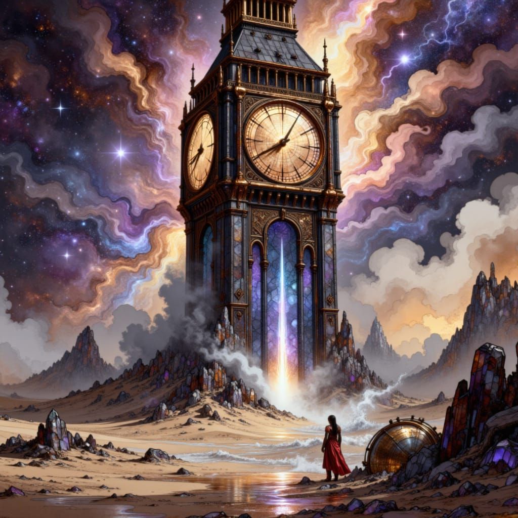 Cosmic Clock Tower Accelerating Time in Sci-Fi Style