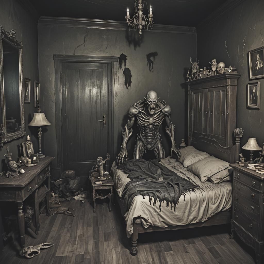 Dark Macabre Fantasy Bedroom with Monster