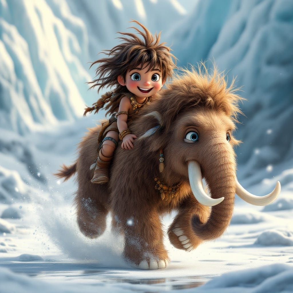 Happy Cave Boy Rides Wooly Mammoth in Serene Ice Age Landsca...