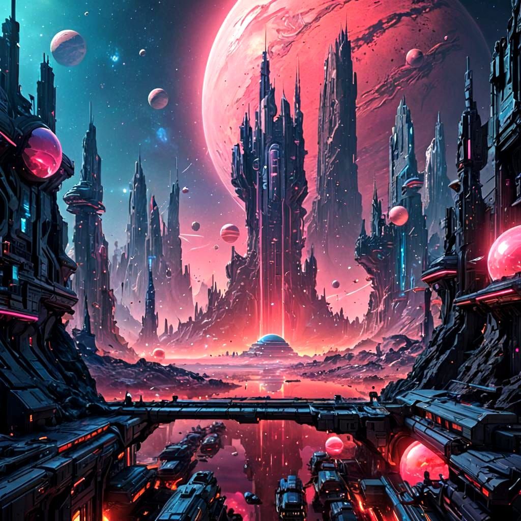 Futuristic Exoplanet City in Cosmic Pink Tint