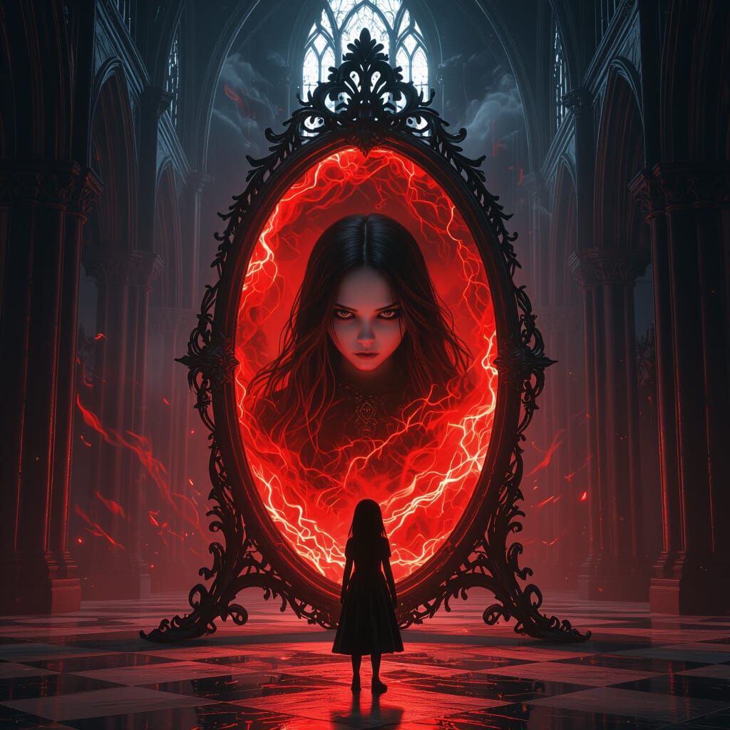 Gothic Hall Mirror with Stormy Red Energy and Dark Figure