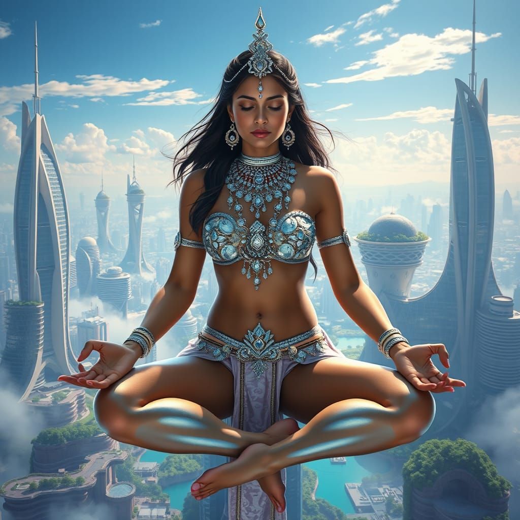 Futuristic Indian Woman Meditating in Sky City