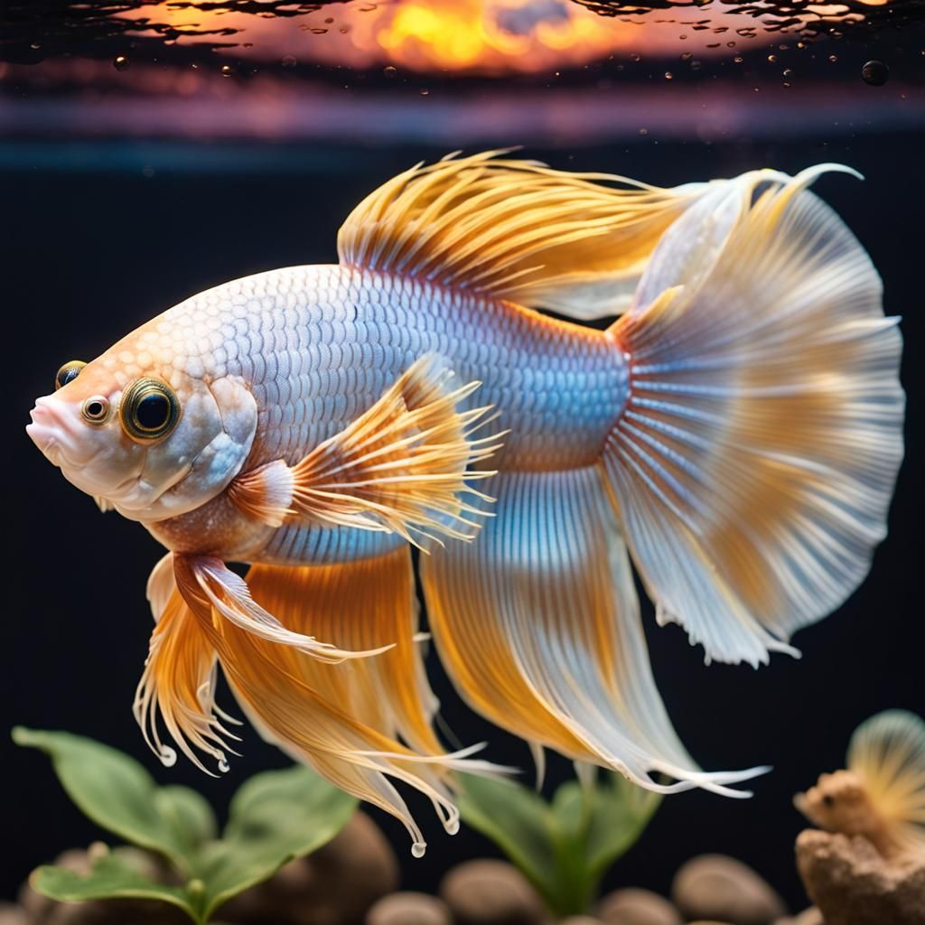 Golden Crown Betta Fish in Sunset, 3D Render